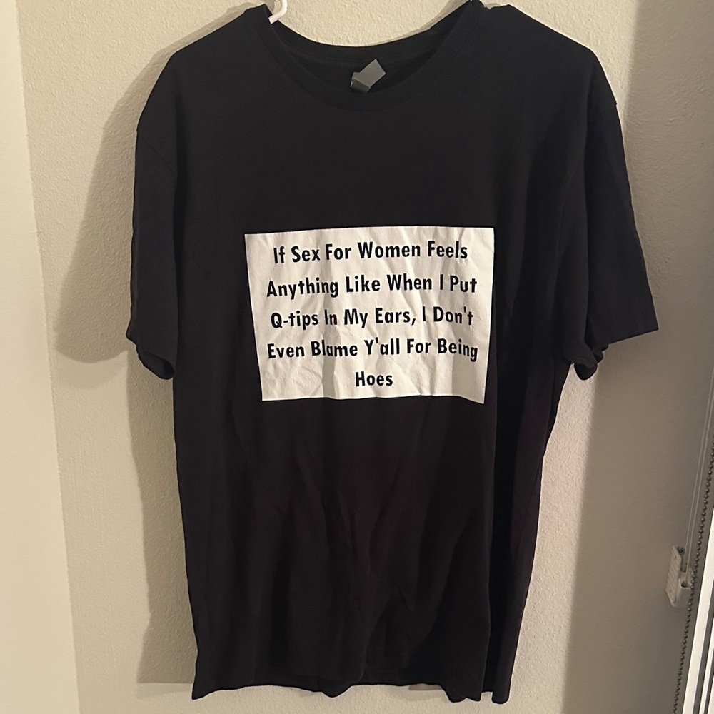 Custom graphic meme t shirt made with white vinyl on black men’s tee